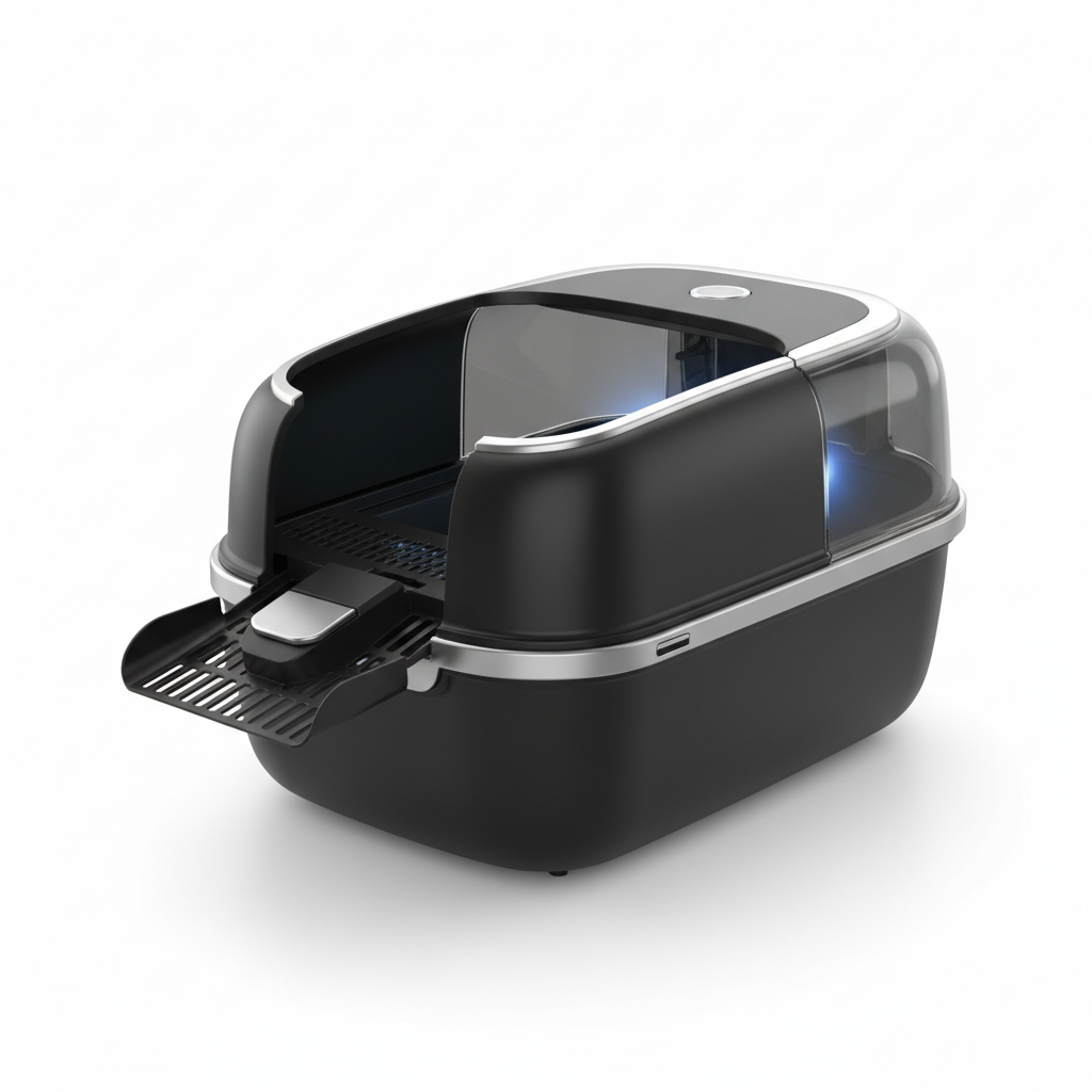 Automatic Self-Raking Cat Litter Box in matte black and silver