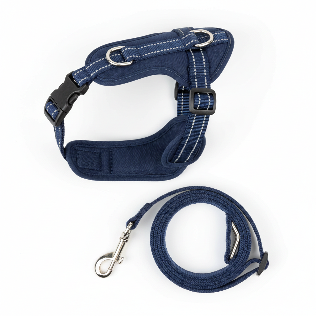 No-Pull Dog Harness and Leash Set in navy blue with reflective stitching